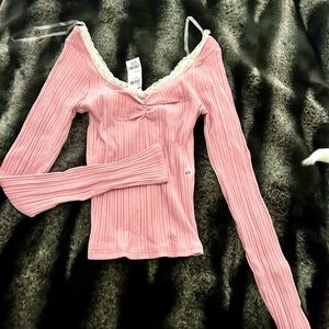 Tilly's Pink Long Sleeve Top with Lace Trim